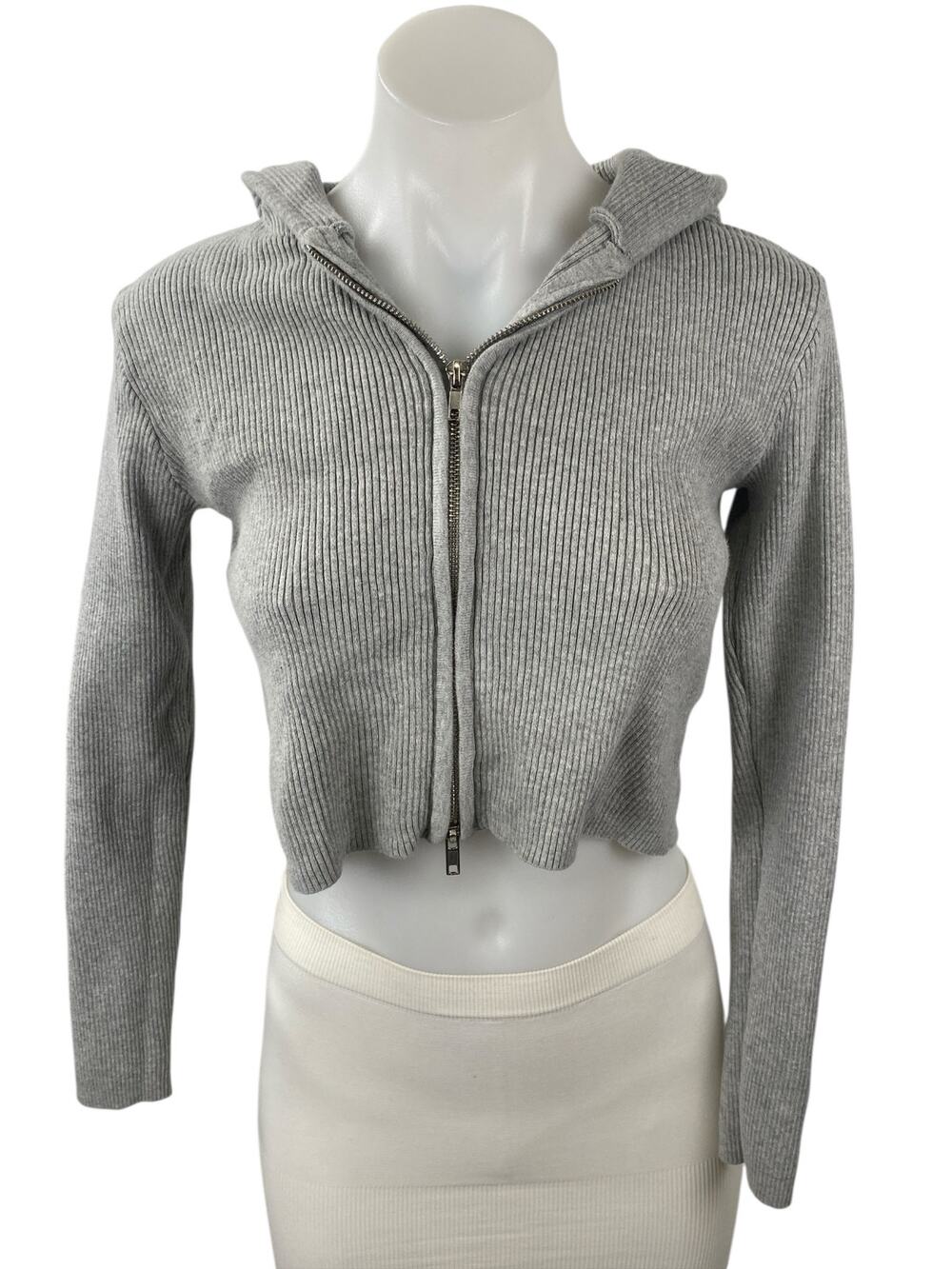 Brandy Melville Women's Gray Ribbed Knit Full Zip Crop Hoodie Sweatshirt Top S